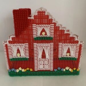 Vintage Handmade Plastic Canvas Christmas House Card/Napkin Holder